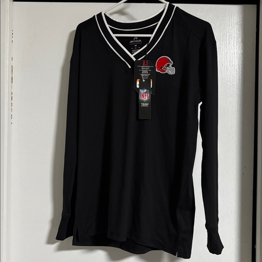Women's Antigua Black Cleveland Browns Symbolic Long Sleeve V-Neck Top NWT